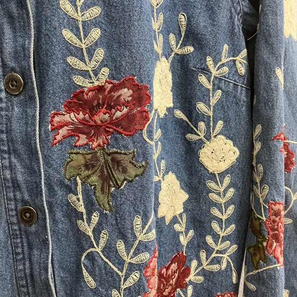 VTG Denim & Co Floral Denim Button Up Womens Large AOP Embroidered Y2K Flowers - Picture 3 of 10
